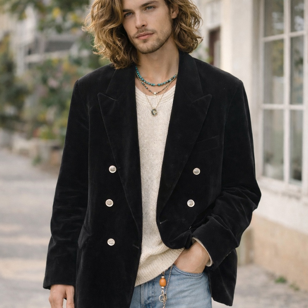 Cezar Del Prado Black Double-Breasted Velvet Blazer - 44R